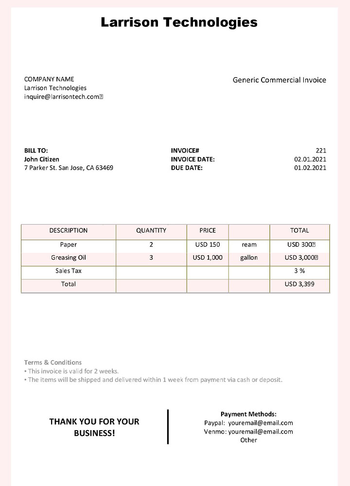 USA Larrison Technologies invoice template PSD template